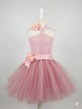 Handmade Pink Tulle Halter Flower Girl Dress